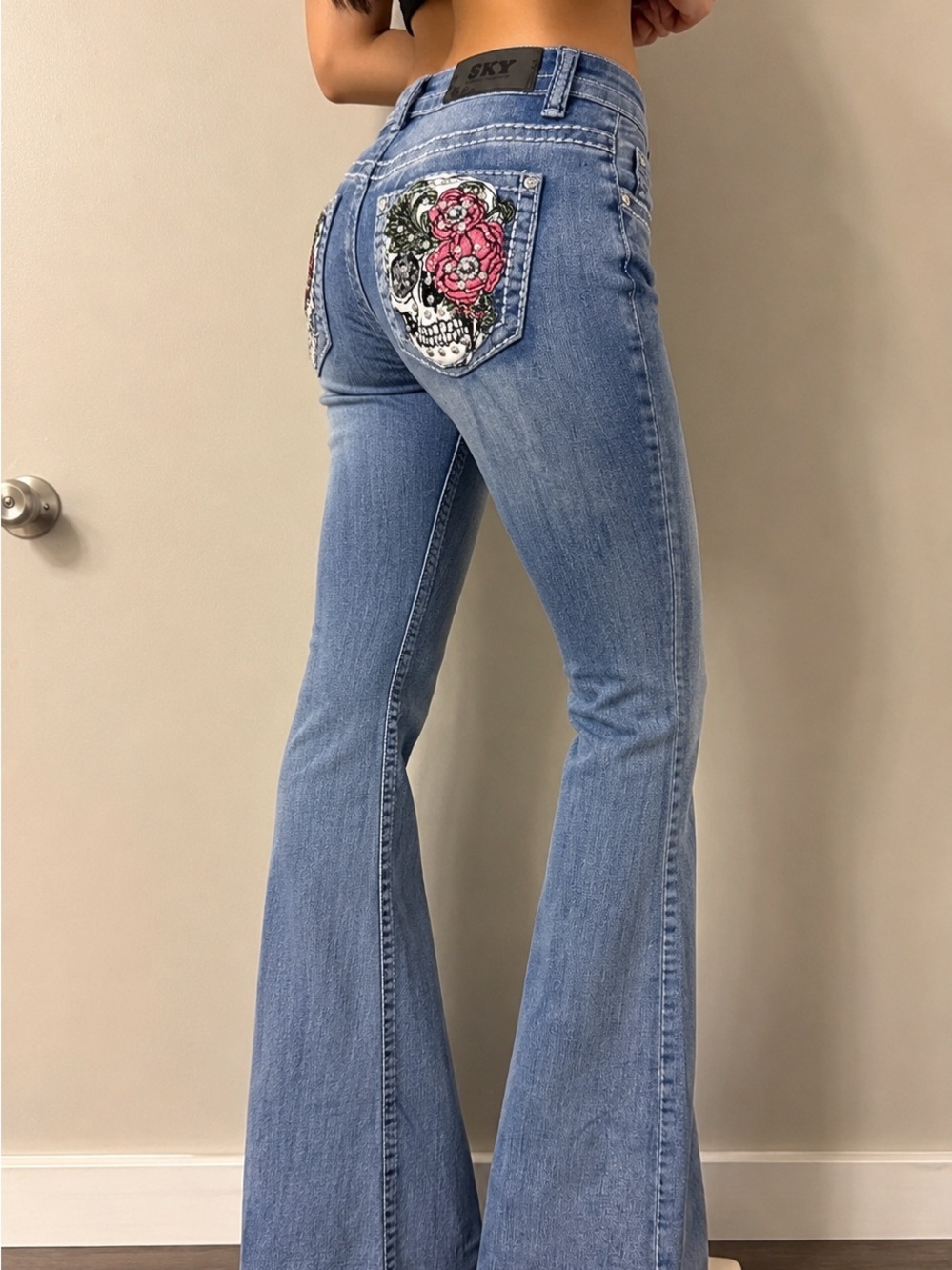 SKY Y2K Flare Jeans Skull Rhinestone Pockets Size 3/4